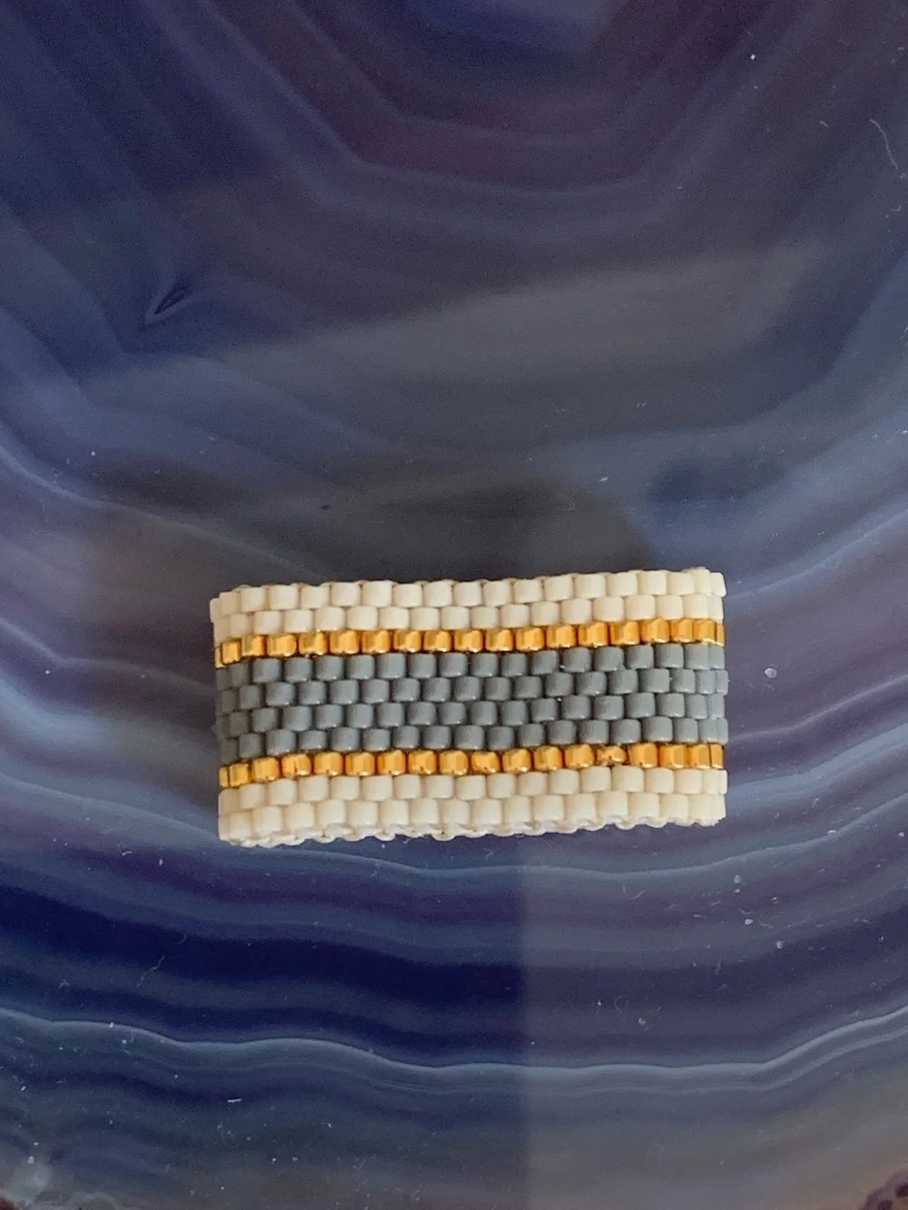 Maasai Beaded Ring Wide – Cream Grey & Gold Handmade woven mesh ring NEW